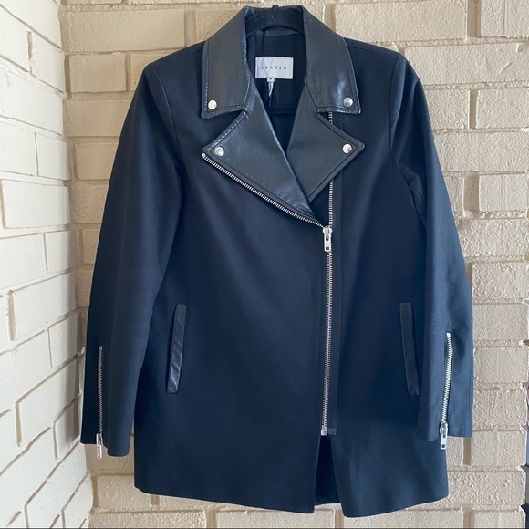 SANDRO Paris Zipped Biker Moto Lamb Leather  / Cotton Jacket Size 38  US 6 8 - Picture 1 of 9